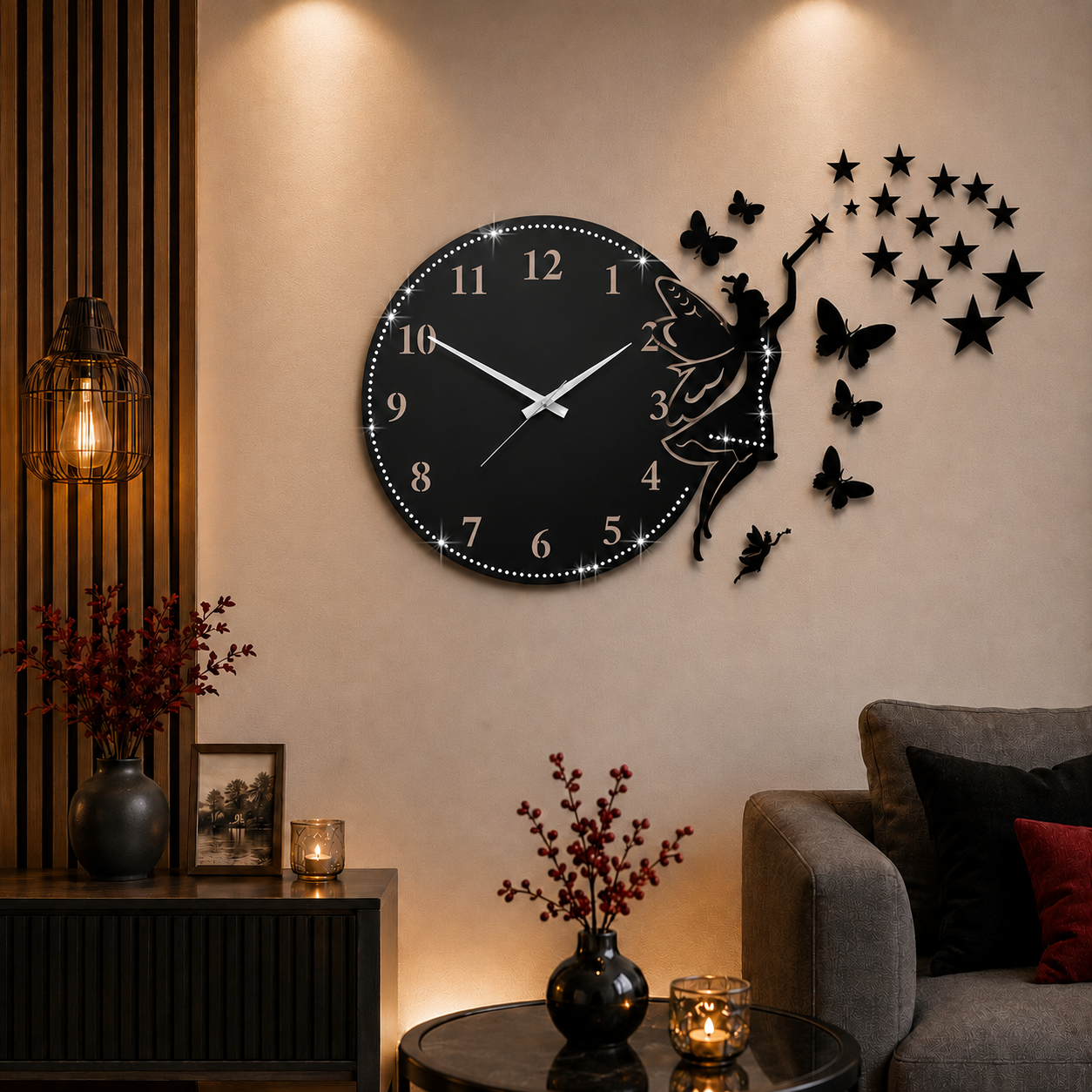 ساعت دیواری فرشته و پروانه نگین دار H685